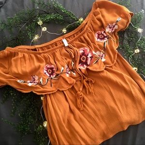 (4 for 25) off-shoulder top:mustard yellow floral